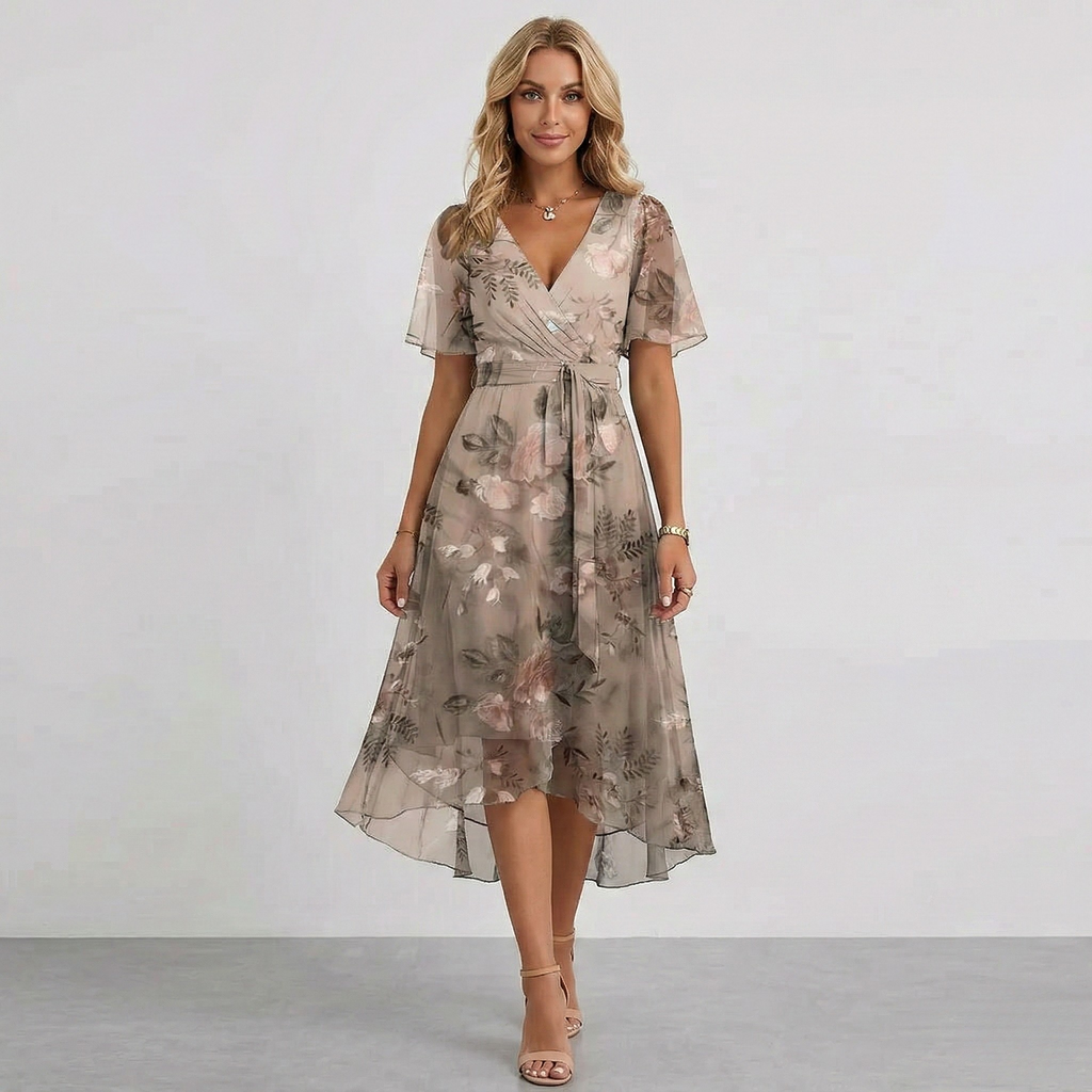 Floral print wrap midi dress, back view showing tiered hemline