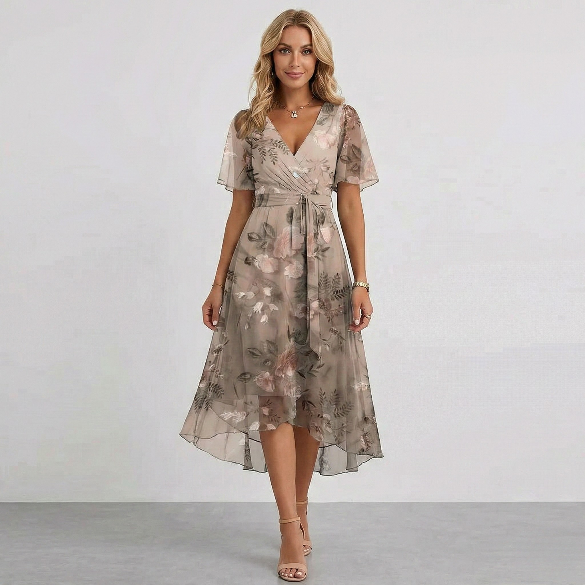 Floral print wrap midi dress, back view showing tiered hemline