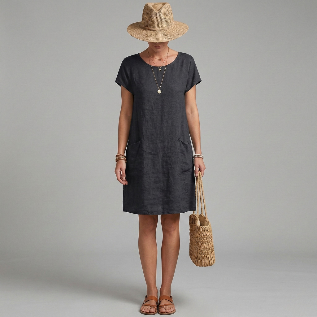 Short sleeve linen mini dress with front pockets in beige, front view on model