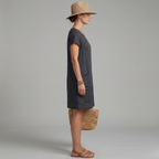Short sleeve linen mini dress full length view on model