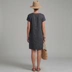 Casual summer linen mini dress with short sleeves and pockets, side view