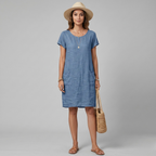 Breathable linen mini dress with round neckline and patch pockets, three-quarter view
