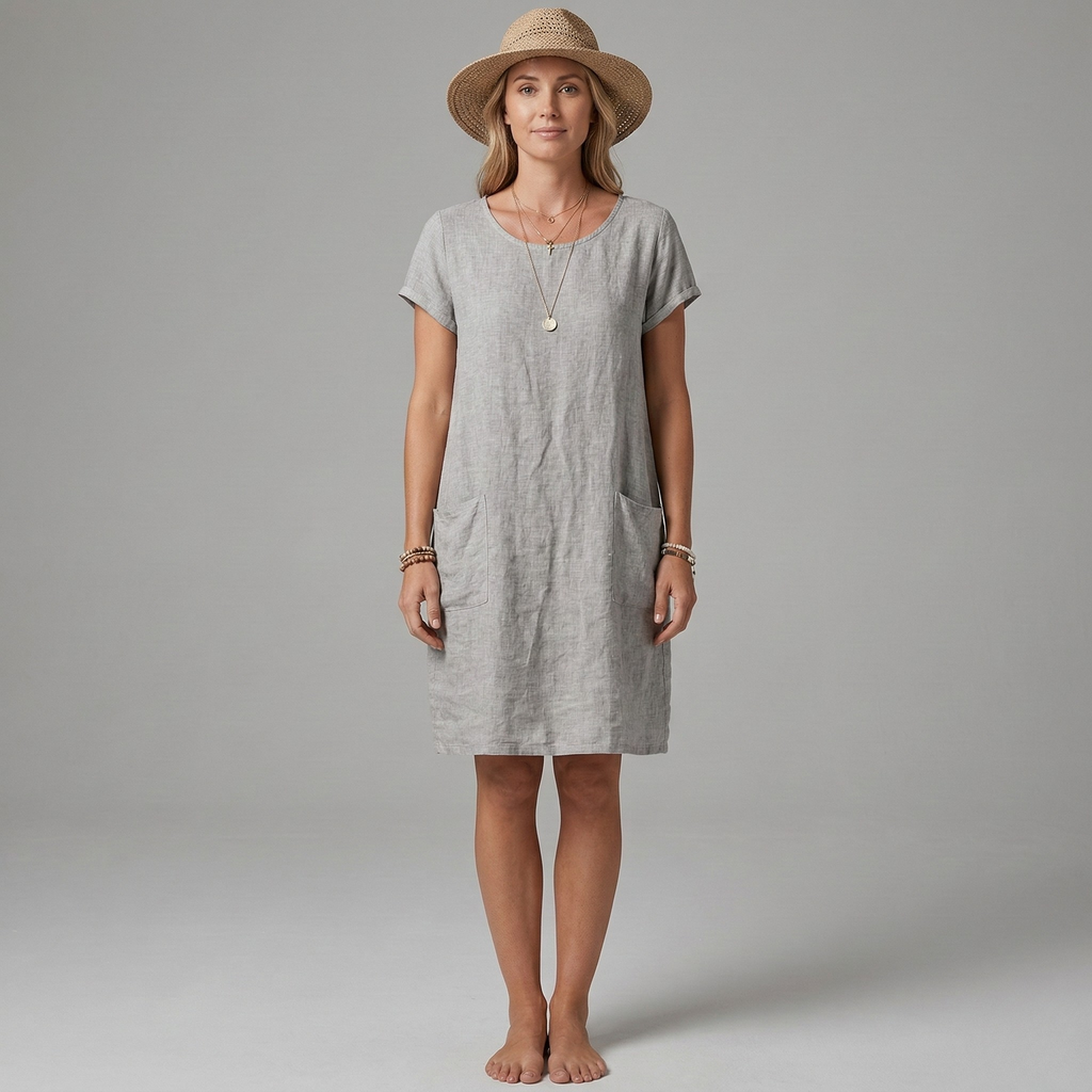 Casual linen mini dress with pockets styled with sandals, lifestyle shot