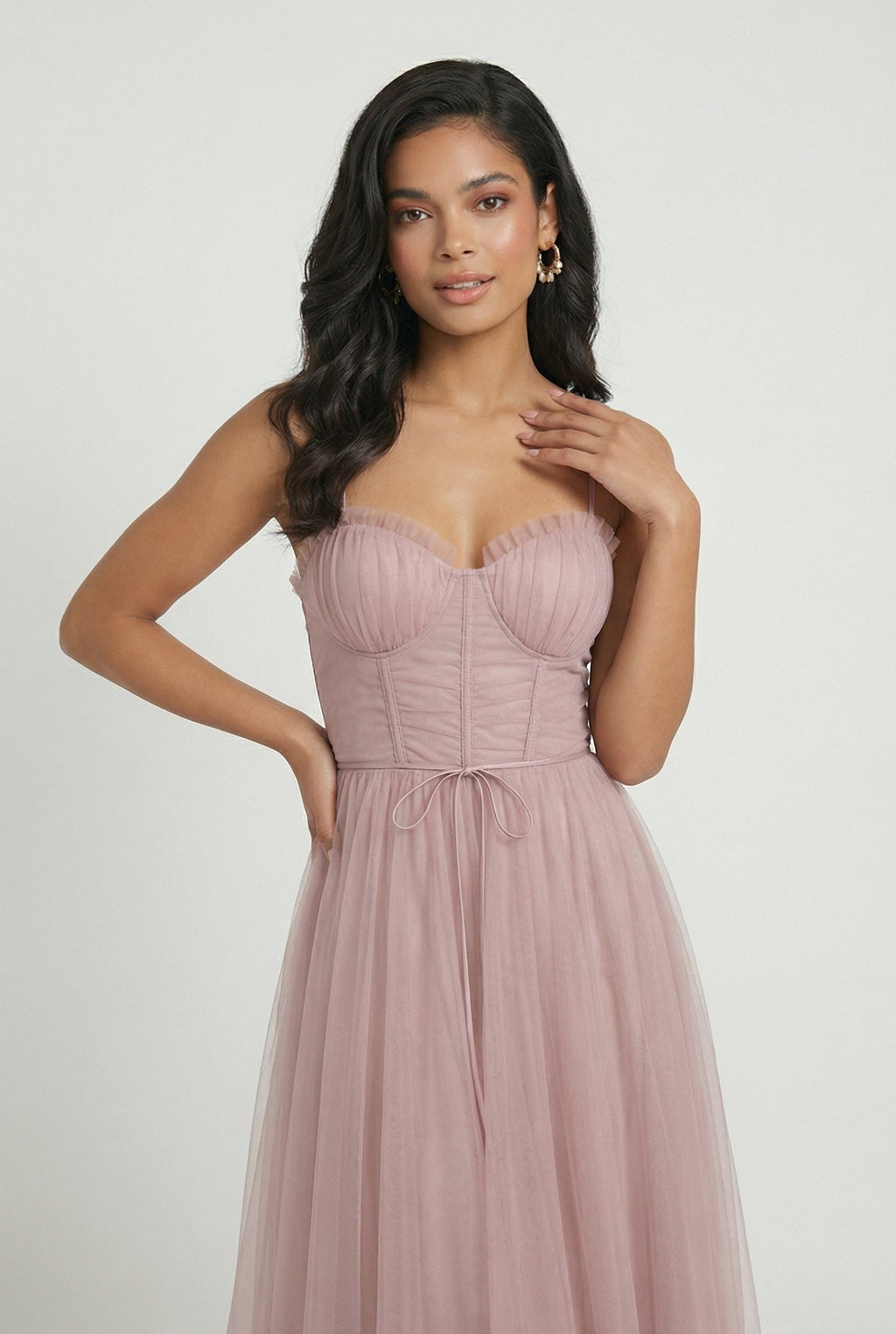 Pink tulle corset midi dress – women's bustier bodice close-up detail