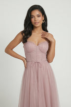 Pink tulle corset midi dress – women's bustier bodice close-up detail