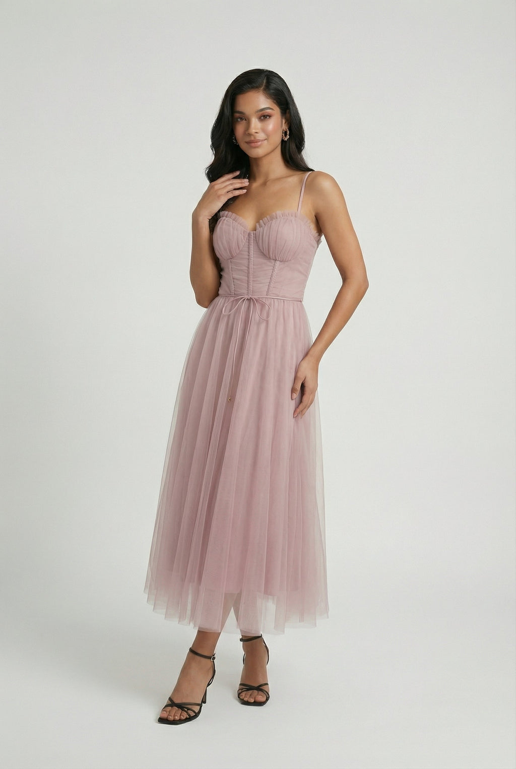 Women's pink tulle corset midi dress – spaghetti strap front view