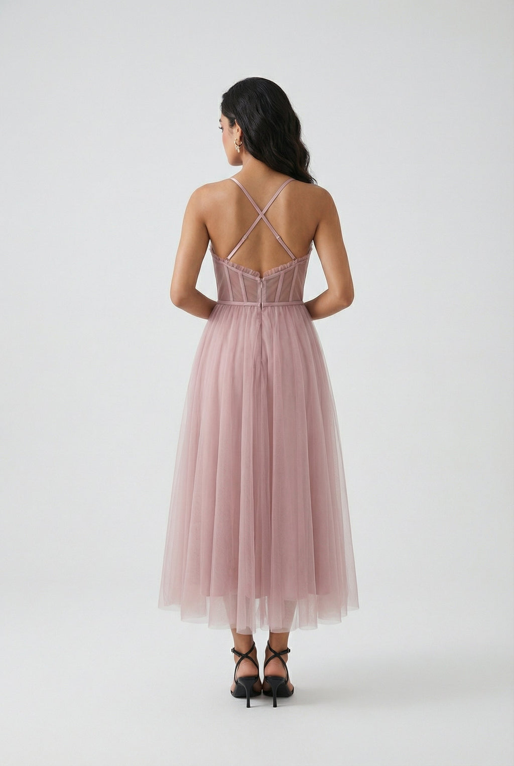 Women's pink tulle midi dress – spaghetti strap cross-back detail