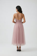 Women's pink tulle midi dress – spaghetti strap cross-back detail