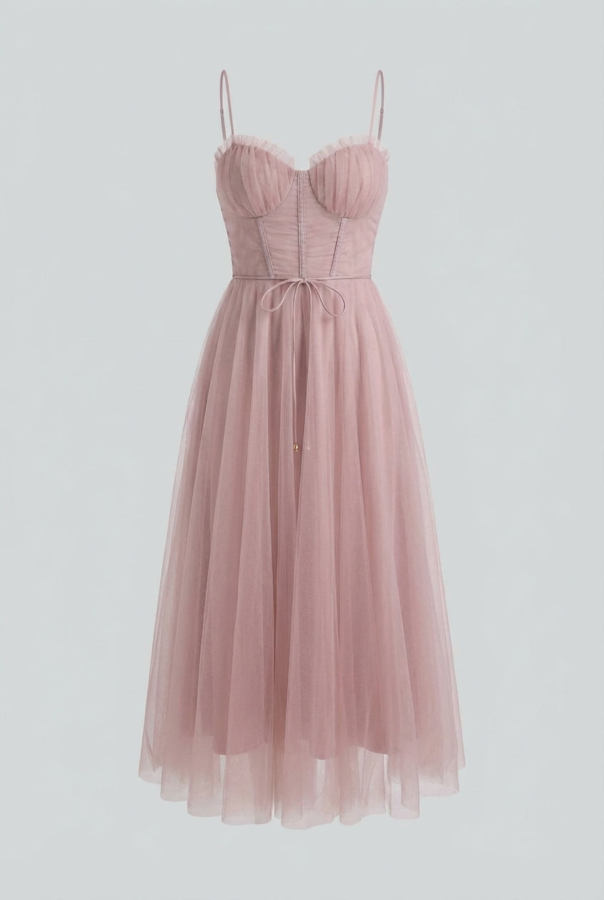 Pink corset tulle midi dress – women's three-quarter view spaghetti strap