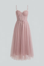 Pink corset tulle midi dress – women's three-quarter view spaghetti strap