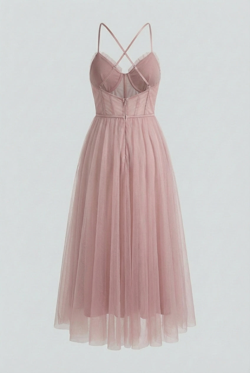 Women's pink tulle corset midi dress – full length bridesmaid occasion style