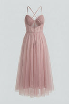Women's pink tulle corset midi dress – full length bridesmaid occasion style