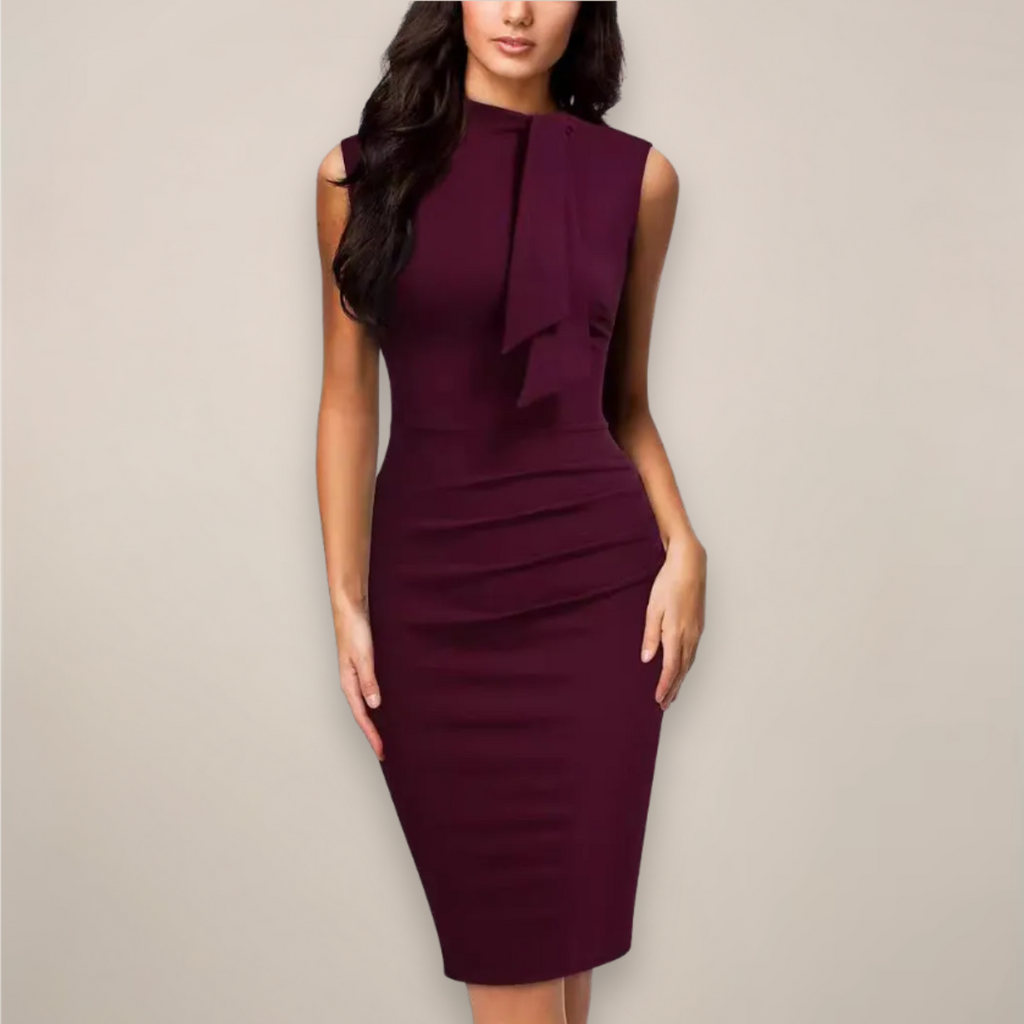 Women's high neck sheath midi dress with ruched waist, back view