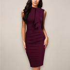 Women's high neck sheath midi dress with ruched waist, back view
