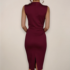 Women's high neck sheath midi dress with ruched waist, side view