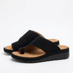 Women's toe ring slide sandals showing cushioned wedge sole detail