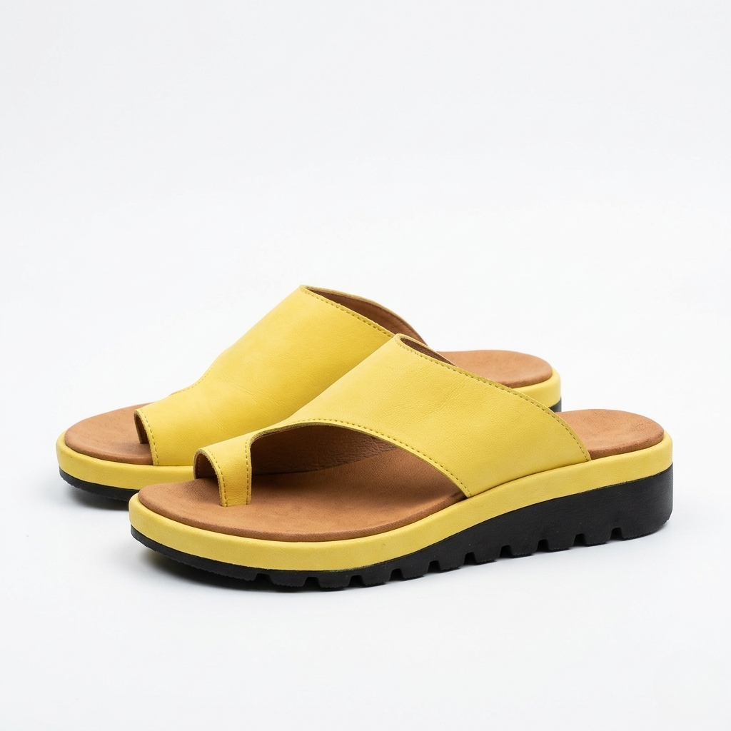 Women's wedge sole slide sandals with ergonomic toe ring, front view