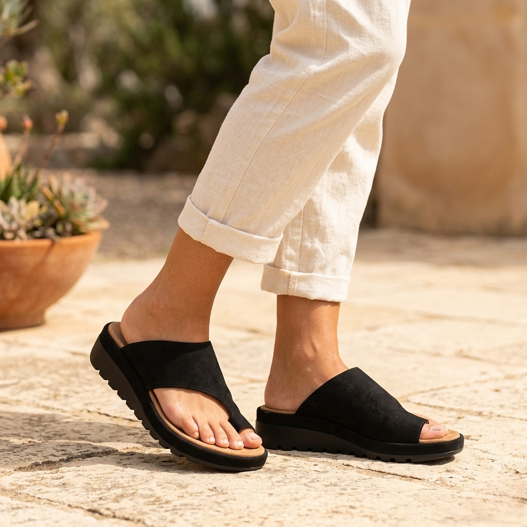 Women's toe ring wedge sole slide sandals, comfortable non-slip design, side view