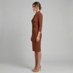 Women's tailored pencil midi dress in brown – belted V-neck side view