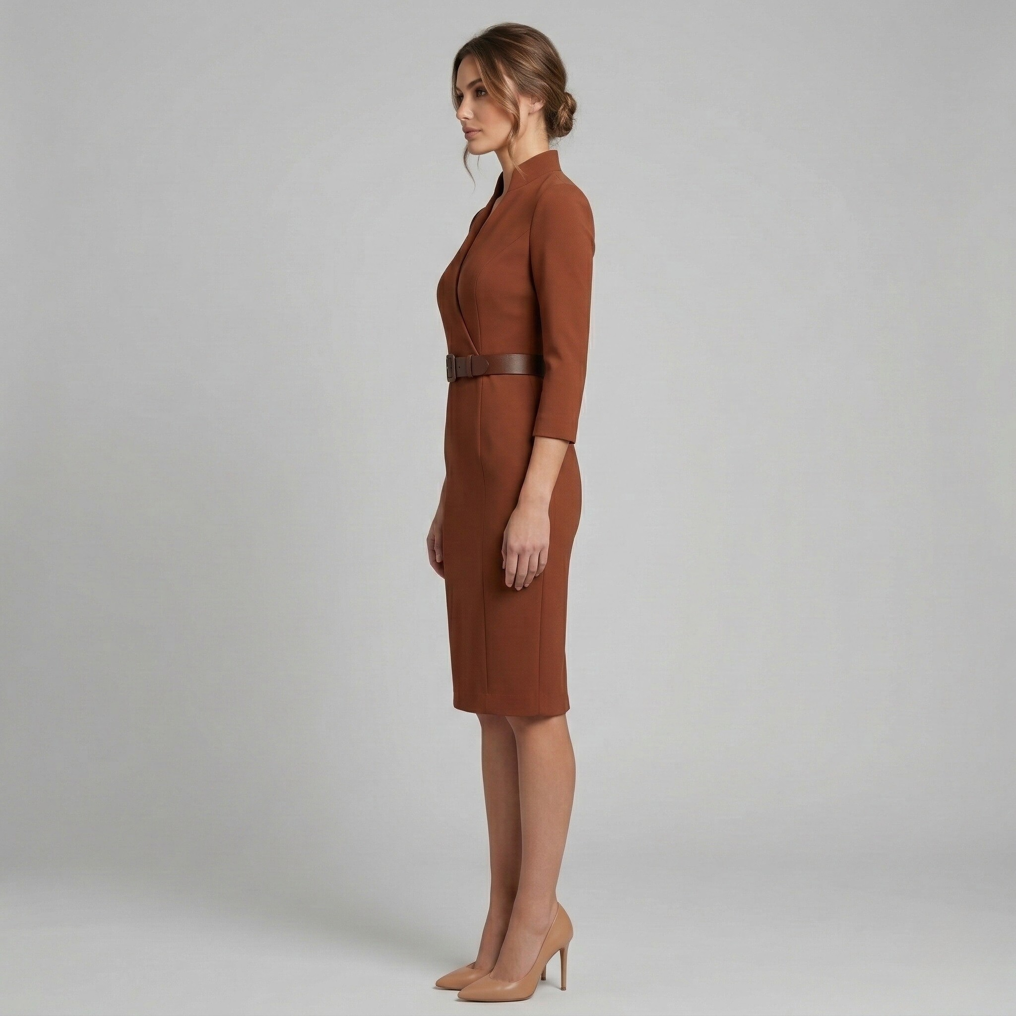 Women's tailored pencil midi dress in brown – belted V-neck side view
