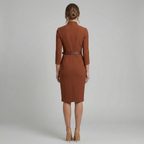 Women's V-neck pencil midi dress in brown – belted waist back view