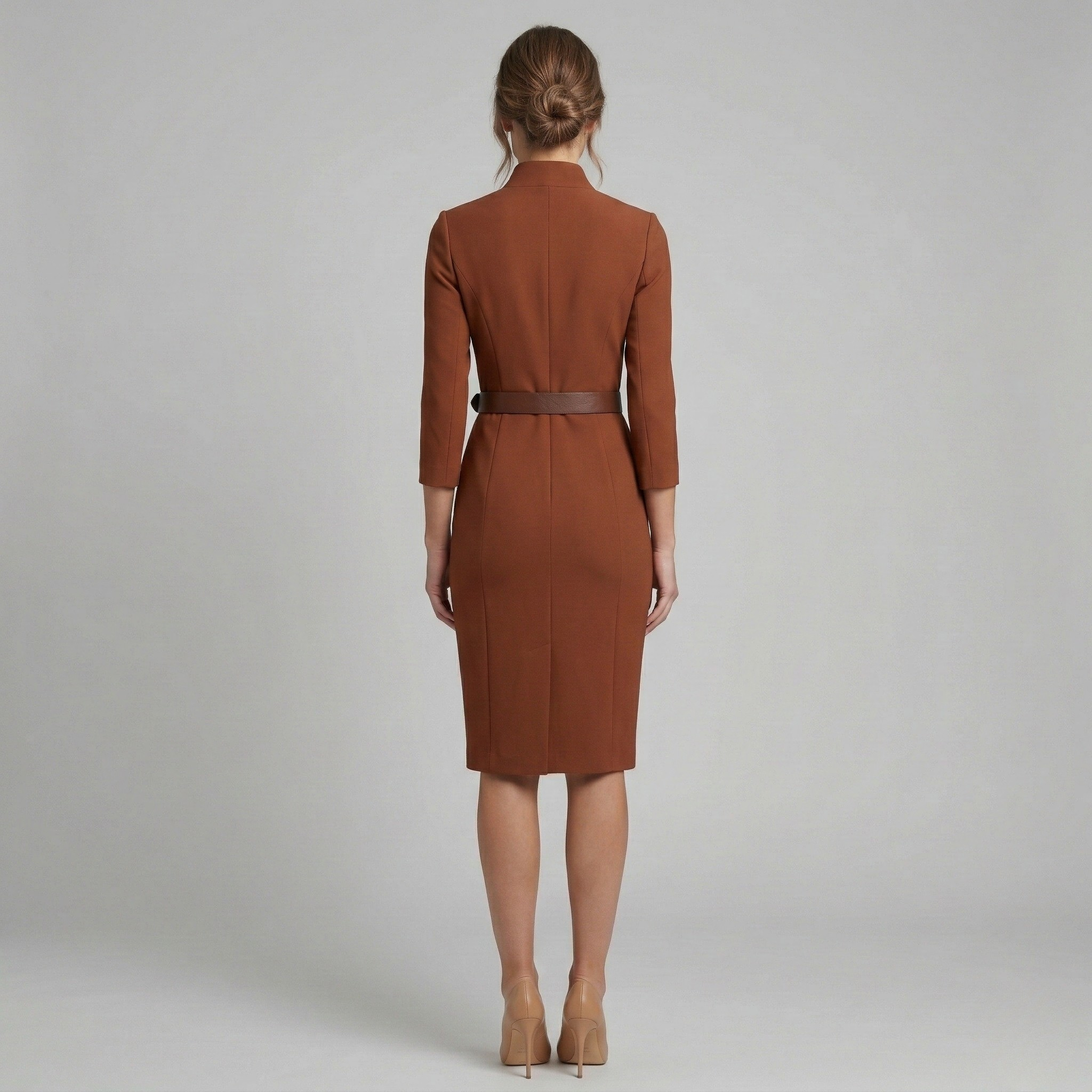 Women's V-neck pencil midi dress in brown – belted waist back view