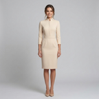 V-neck belted pencil midi dress in beige – women's tailored office occasion dress