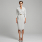 Women's belted pencil midi dress in white – V-neck three-quarter sleeve full length