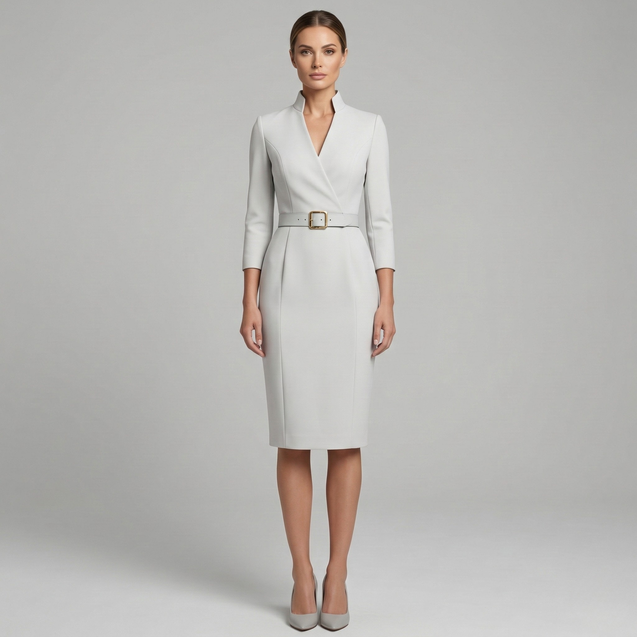 Women's belted pencil midi dress in white – V-neck three-quarter sleeve full length