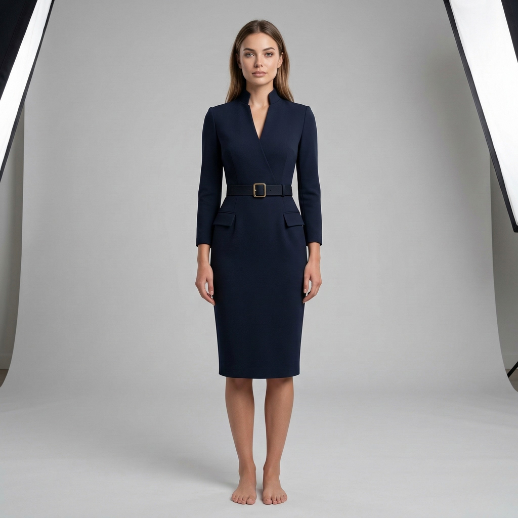Tailored pencil midi dress in navy – women's V-neck belted office wear