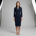 Tailored pencil midi dress in navy – women's V-neck belted office wear