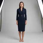 Tailored pencil midi dress in navy – women's V-neck belted office wear