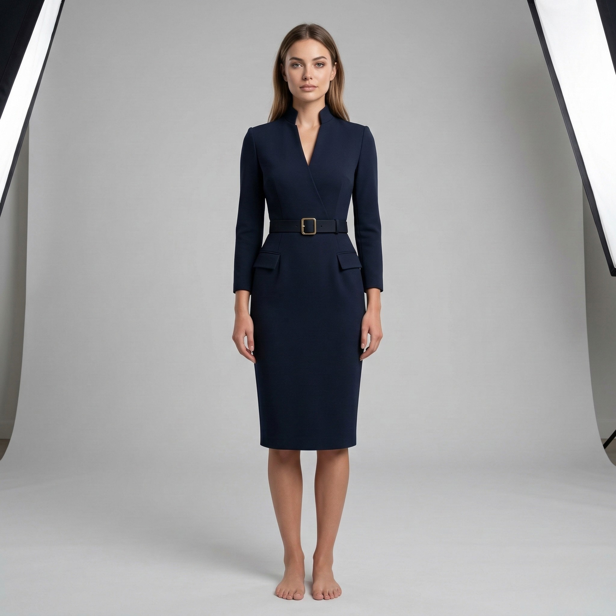 Tailored pencil midi dress in navy – women's V-neck belted office wear