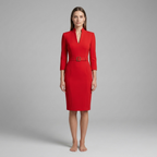 Belted pencil midi dress in red – women's V-neck three-quarter sleeve office wear