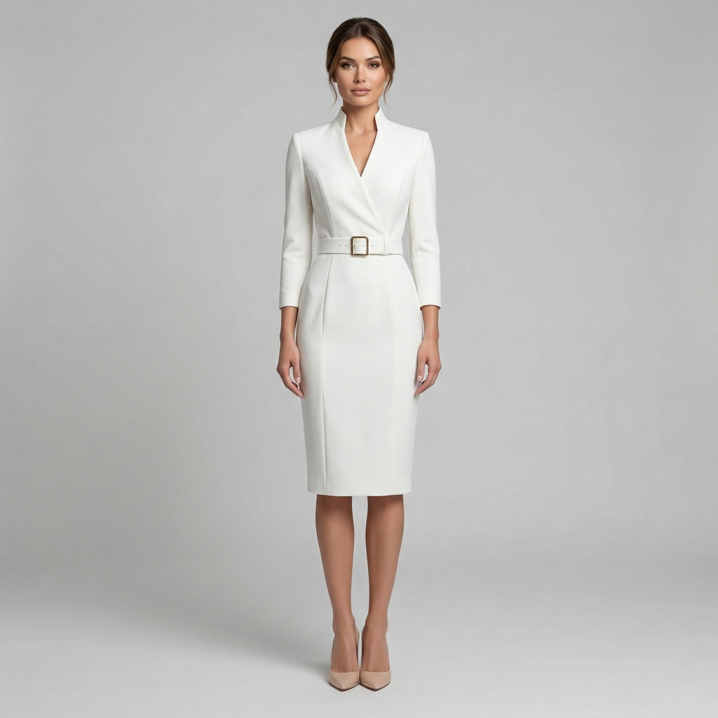 Belted pencil midi dress in white – women's V-neck tailored office dress