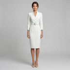 Belted pencil midi dress in white – women's V-neck tailored office dress