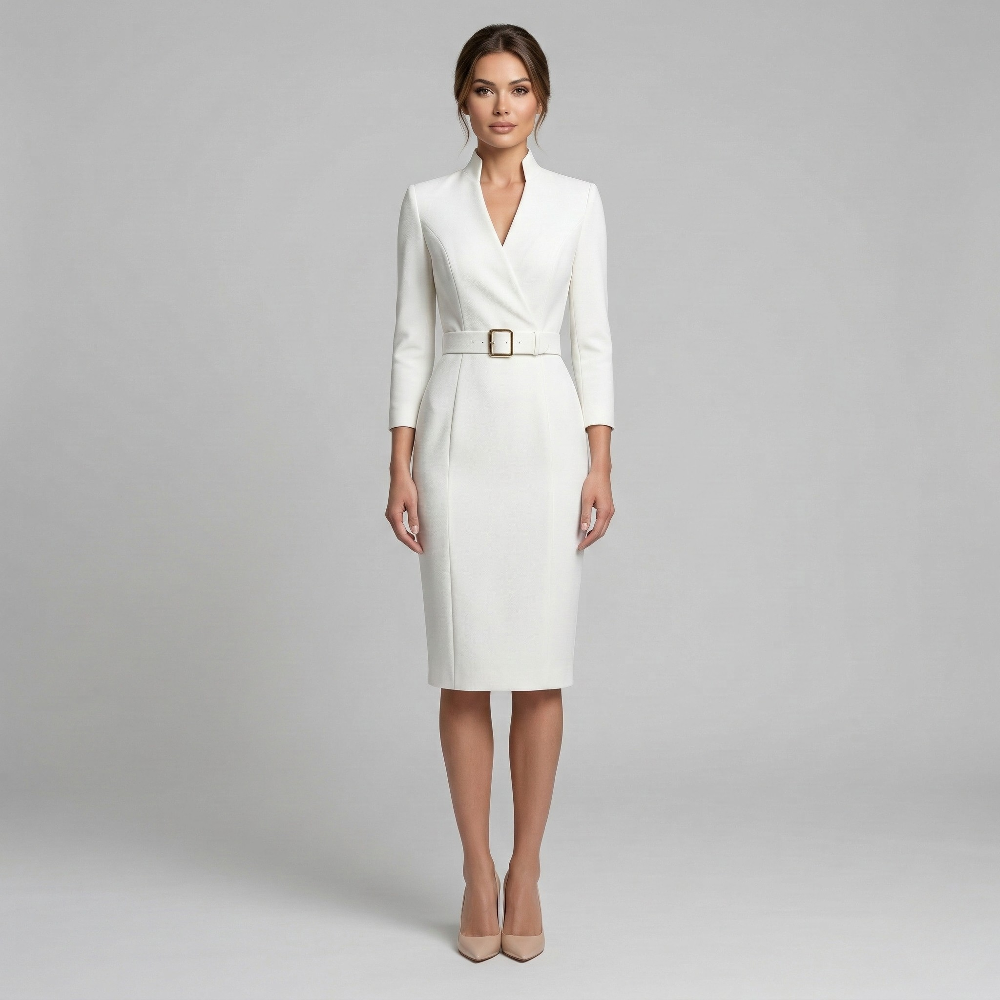Belted pencil midi dress in white – women's V-neck tailored office dress