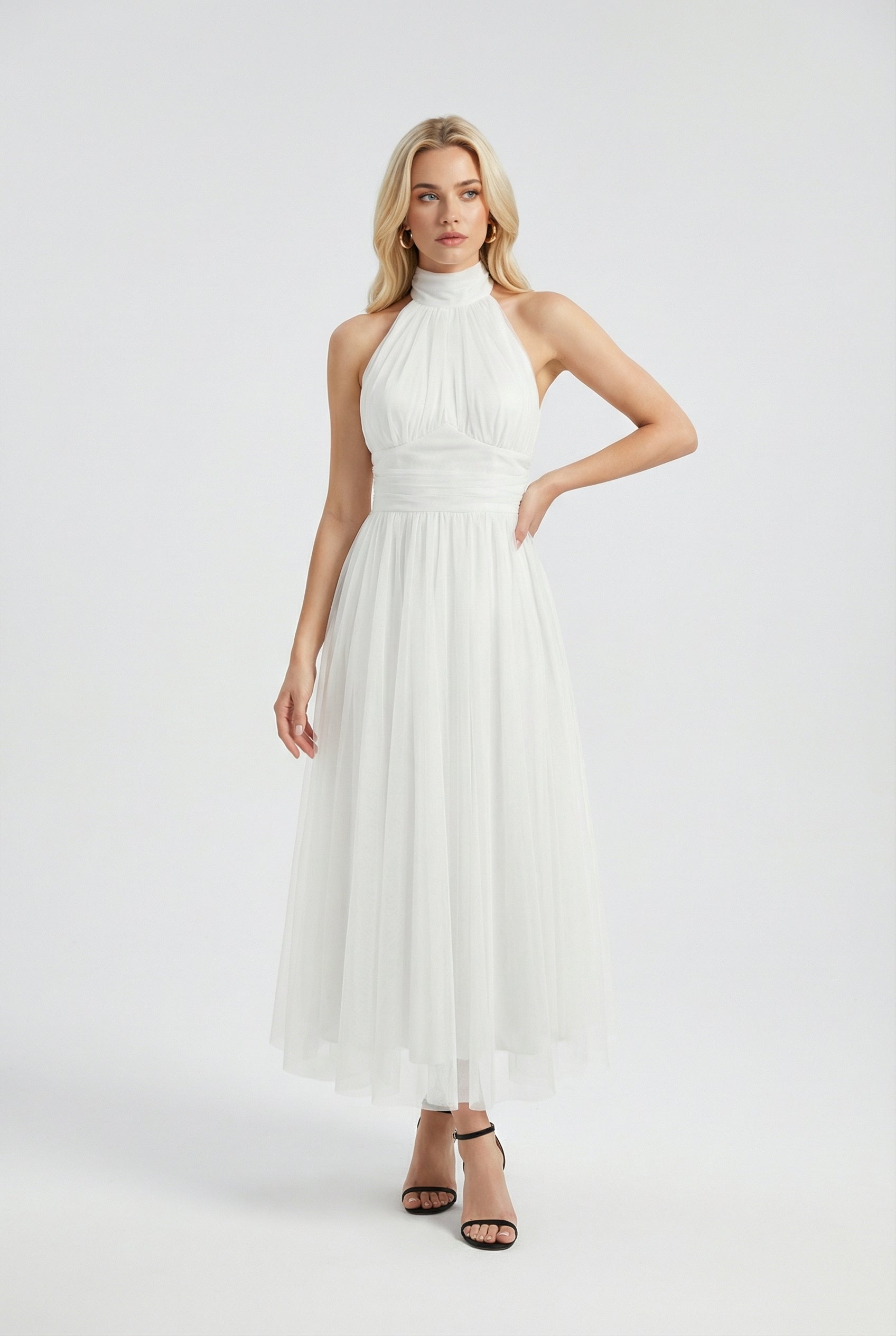 Women's White Halter Neck Midi Dress