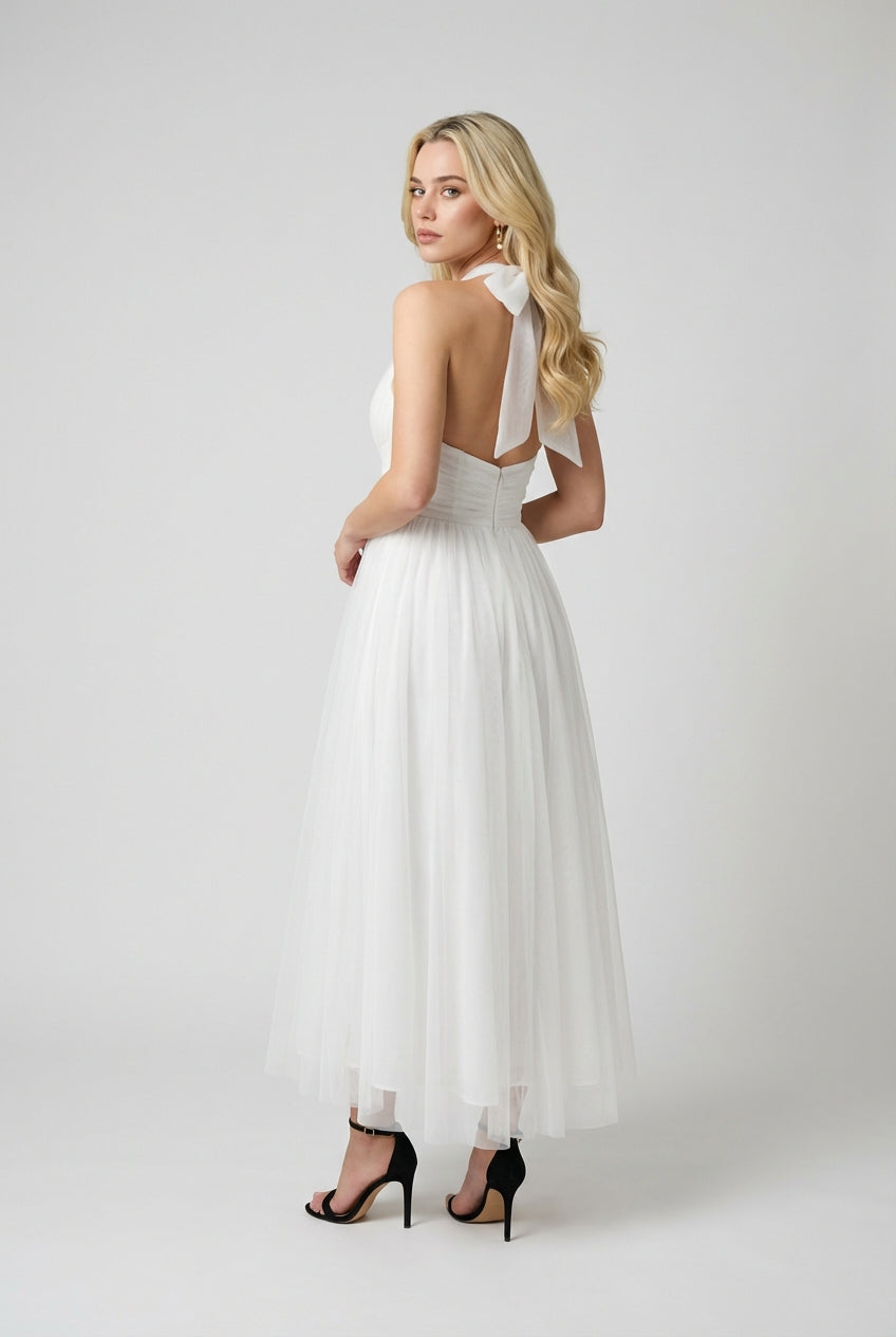 Women's White Halter Neck Midi Dress