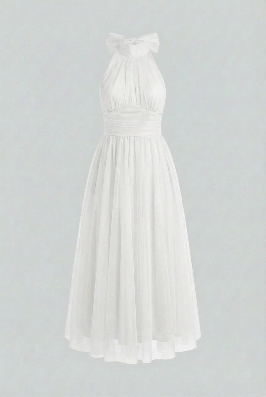 Women's White Halter Neck Midi Dress