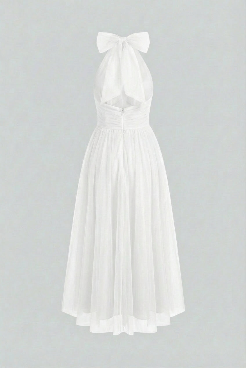 Women's White Halter Neck Midi Dress
