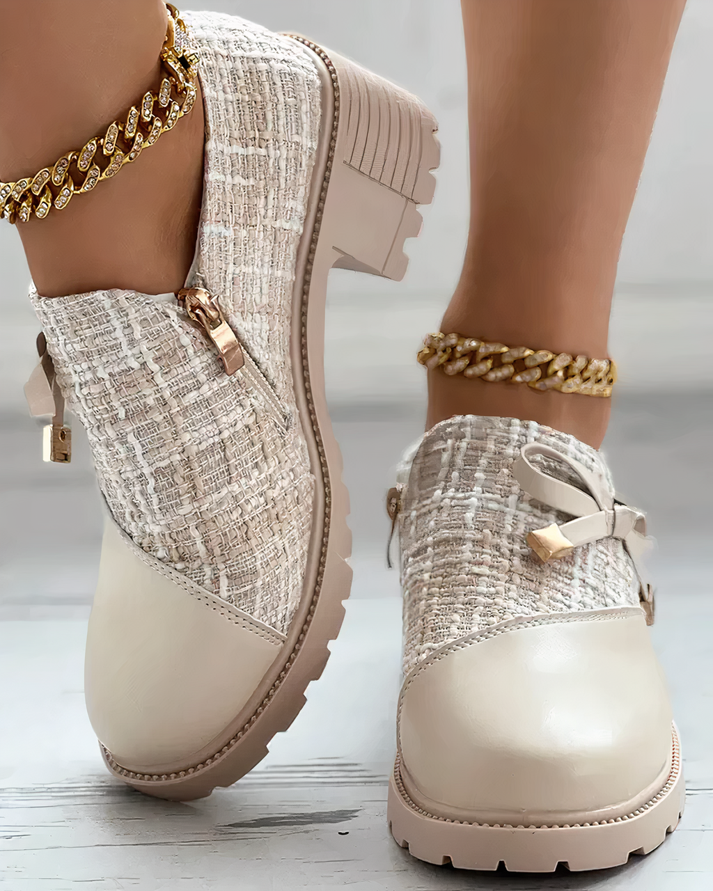 Beige tweed ankle boots with block heel