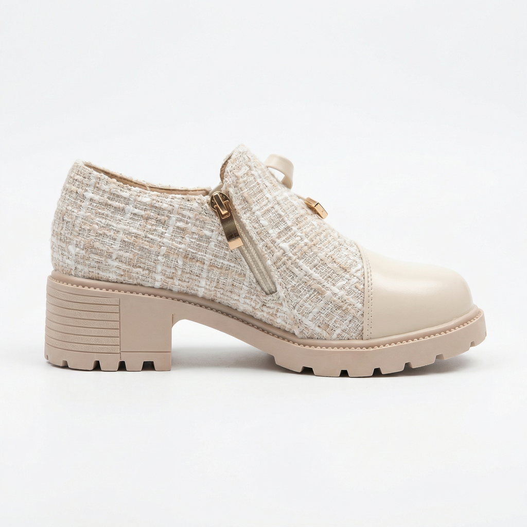 Beige tweed ankle boots with block heel, front view
