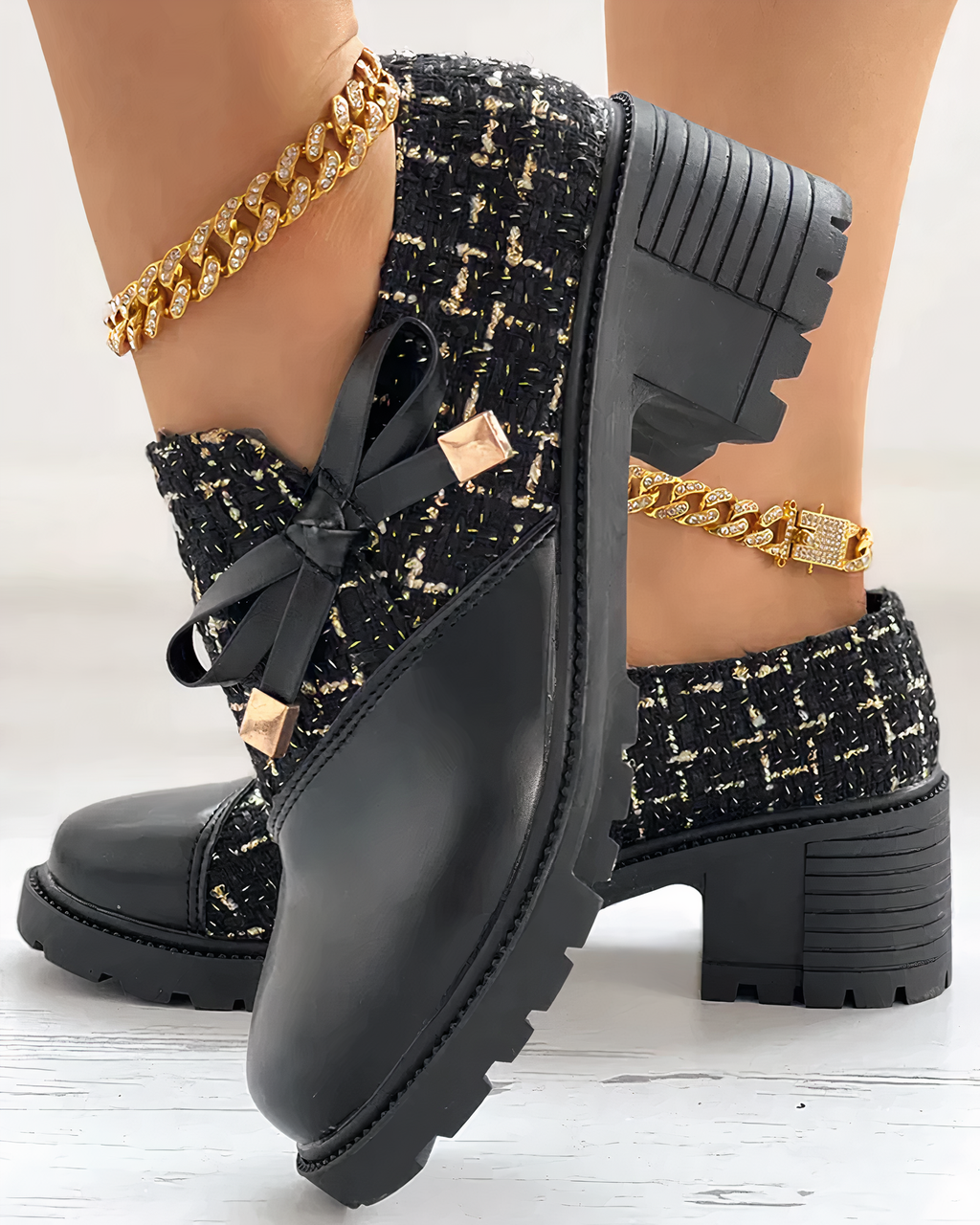 Beige tweed ankle boots with block heel