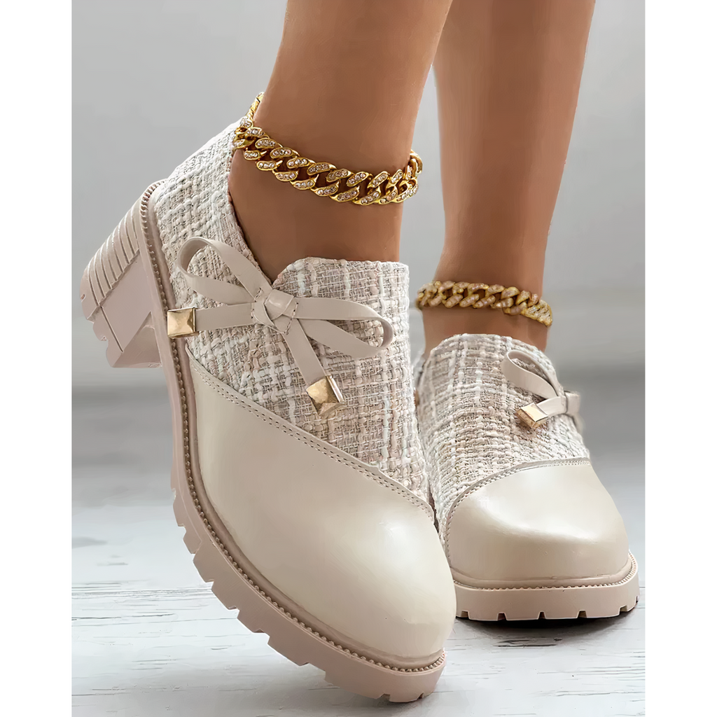 Beige tweed ankle boots with block heel