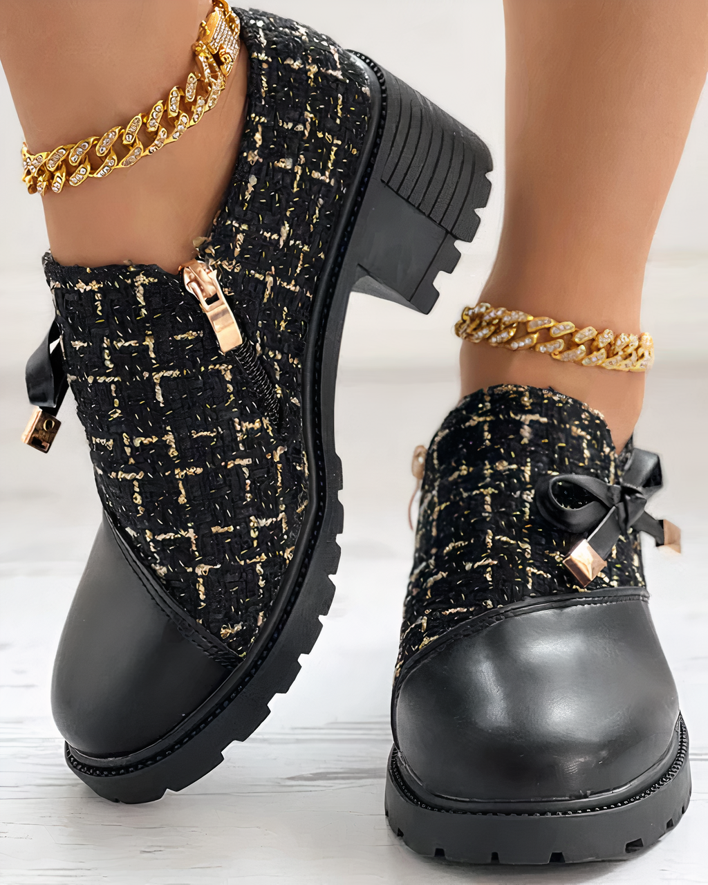 Beige tweed ankle boots with block heel