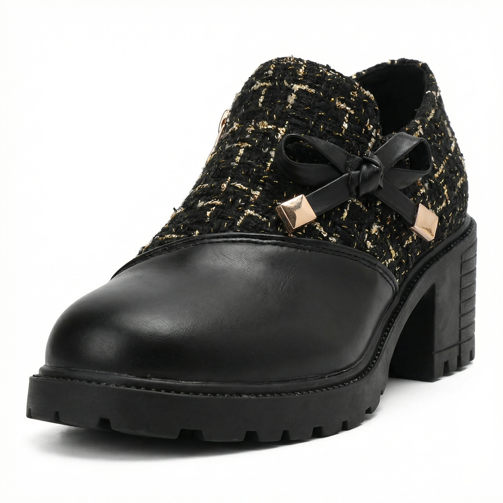 Beige tweed ankle boots with block heel