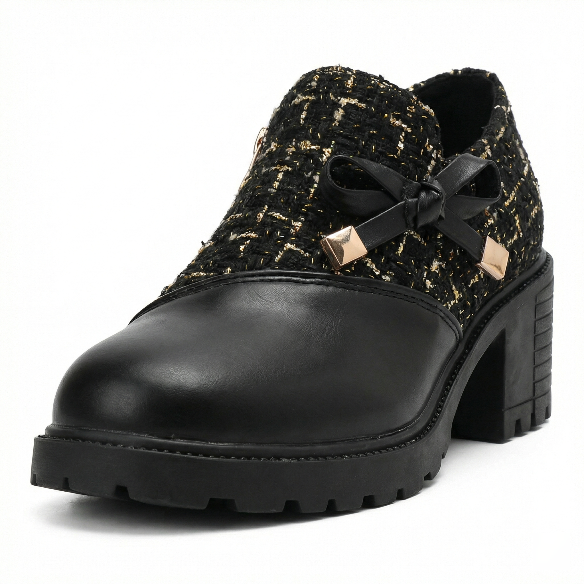 Beige tweed ankle boots with block heel