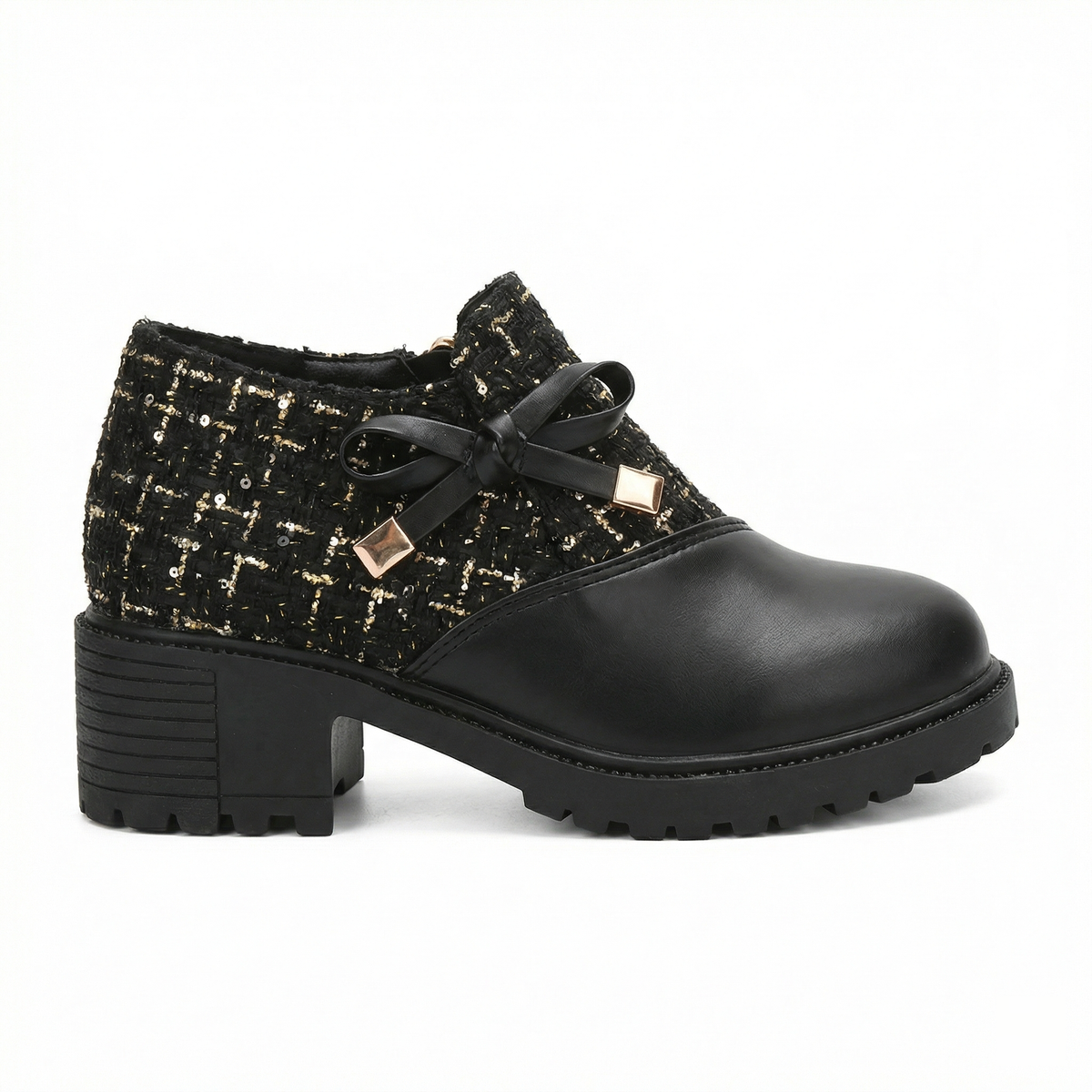 Black tweed ankle boots with block heel