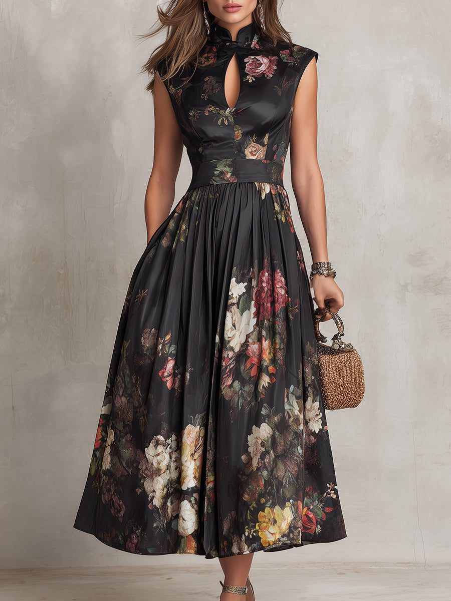 Pleated floral satin midi dress in black, full length view
